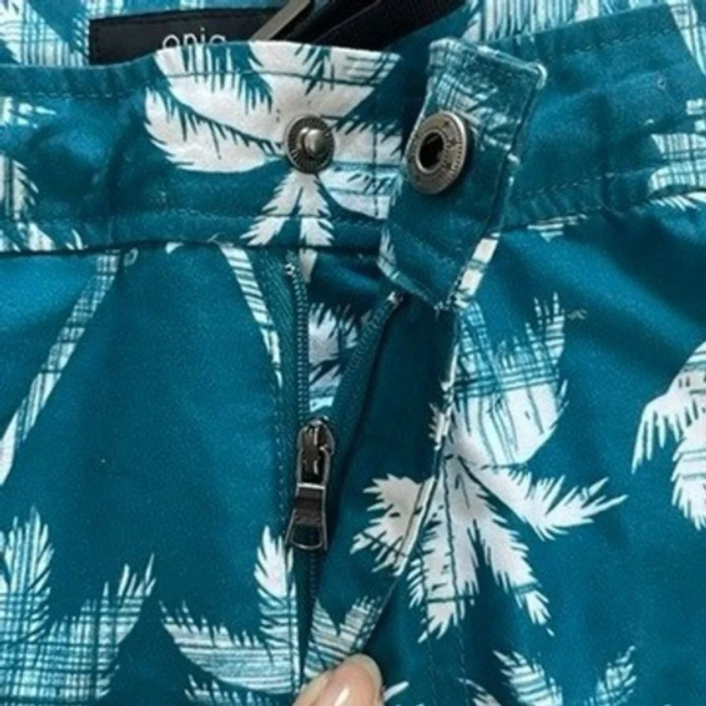 Onia Swim Shorts Mens 36 Teal White Palm Tree Tropical Beach Vacation 8 Inseam
